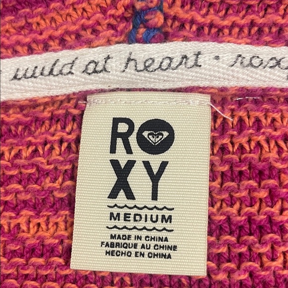 ROXY Yuma blue pink multicolor knit kangaroo pocket pullover hoodie Sz M - Picture 6 of 11